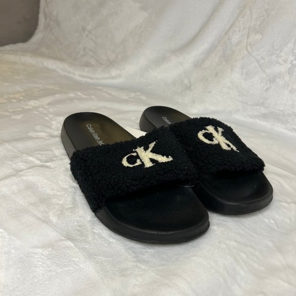 Men\'s Black Calvin Klein Slides w/ Sherpa Fur
